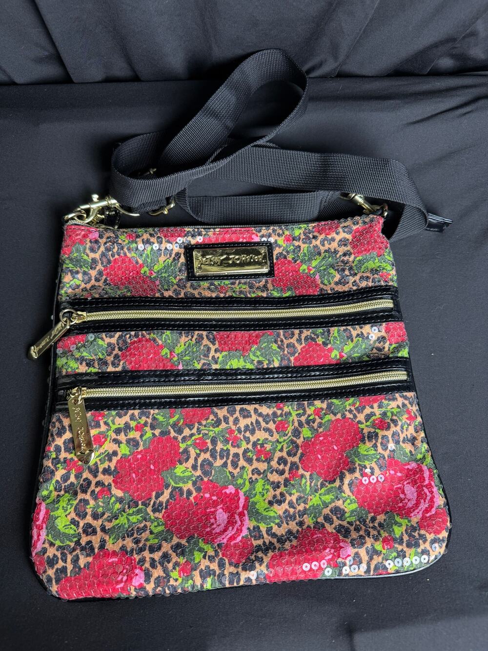 Betsey Johnson Leopard Red Rose Sequin Crossbody Bag Purse